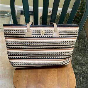 Tory Burch Black and Tan Striped Tote